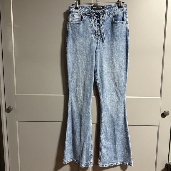 Social Tourist A&F Ultra High Rise Flare Jeans Lace Up Closure Blue Waist 28" - Picture 1 of 11